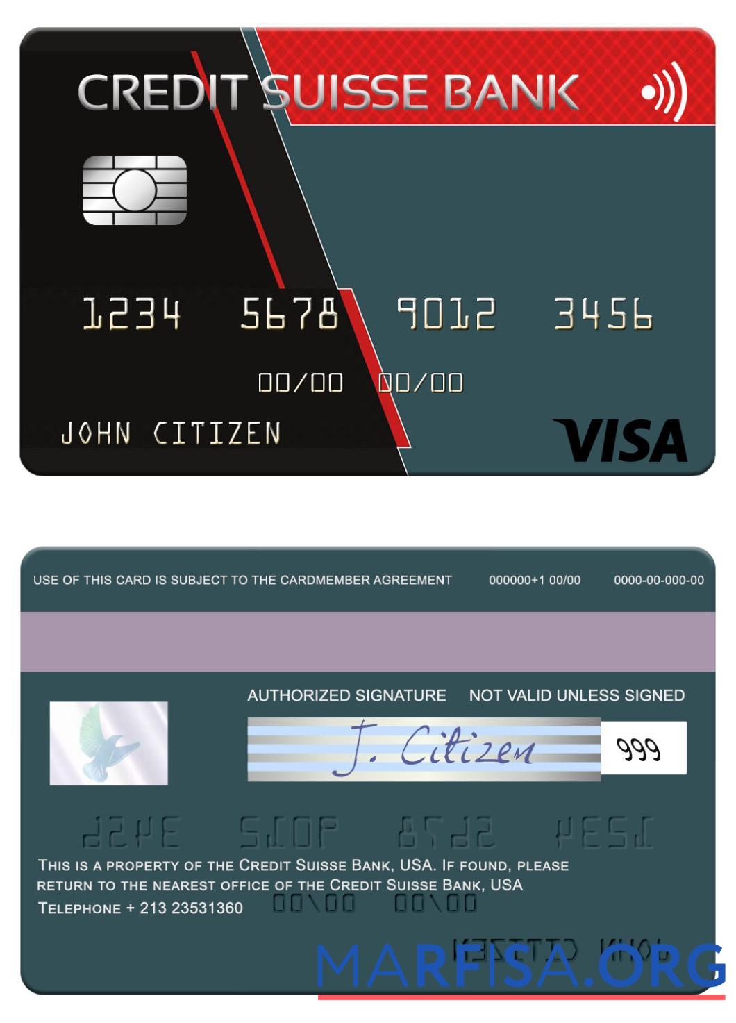 Downloadable USA Credit Suisse Bank visa card sample